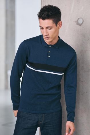 Textured Chest Stripe Long Sleeve Polo